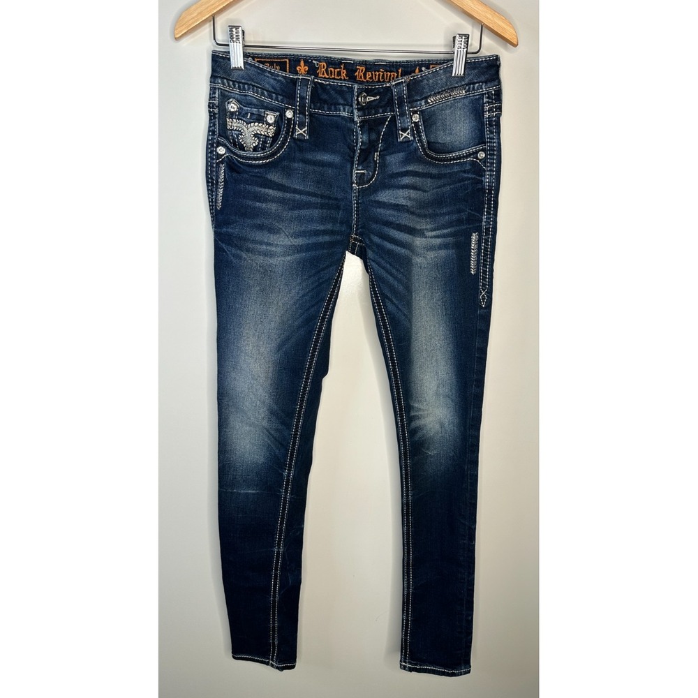 Rock Revival July Skinny Low Rise Jeans Size 27 Dark Wash Rhinestone Embellished - Picture 3 of 16